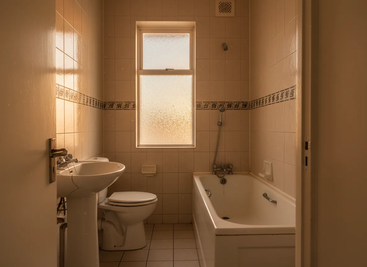 Erzeugtes Bild aus der Demo, vorher: enges Bad mit beigen Plättli, Wanne und Stehlavabo, Zustand 1978