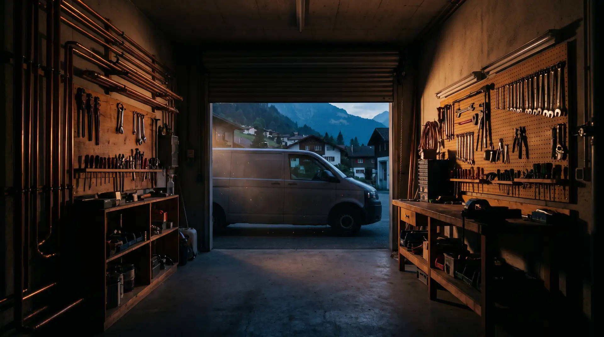 Werkstatt des Musterbetriebs am Abend, erzeugtes Bild: Werkzeugwand, Werkbank, der Bus vor dem offenen Tor
