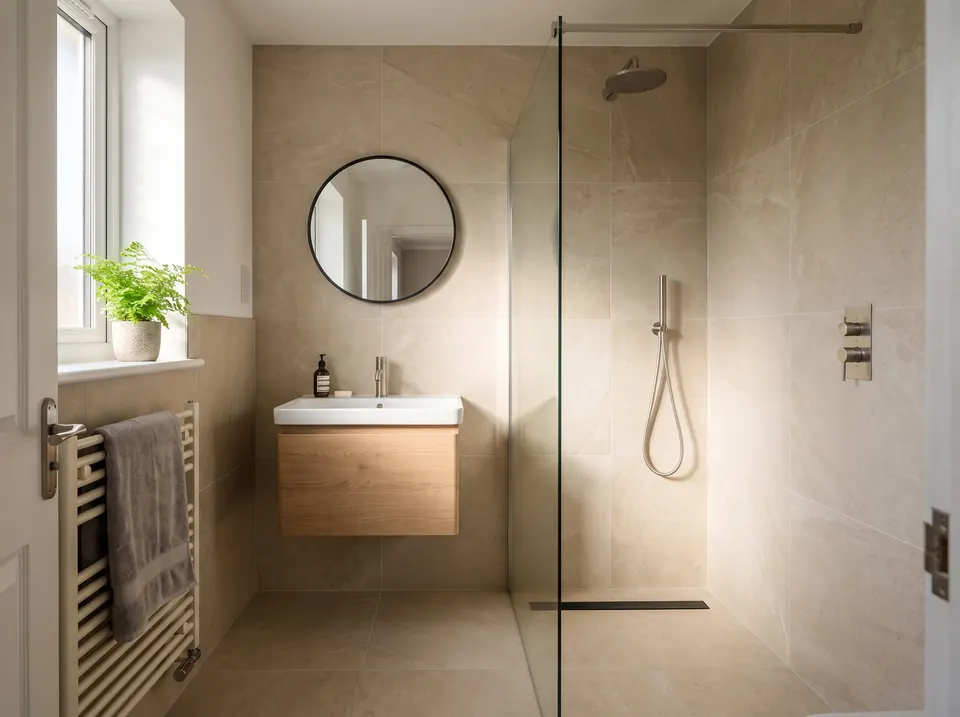 Neues Bad mit bodenebener Dusche, Waschtisch aus Eiche und hellen Steinplatten