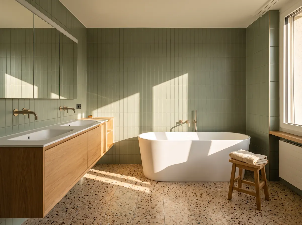 Bad mit freistehender Wanne, salbeigrünen Plättli und Terrazzoboden