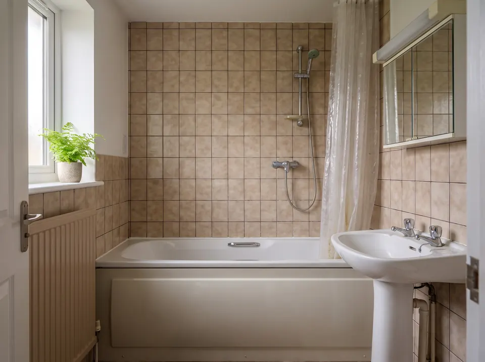 Das Bad vor dem Umbau: beige Plättli, Badewanne mit Duschvorhang, Waschbecken auf Säule