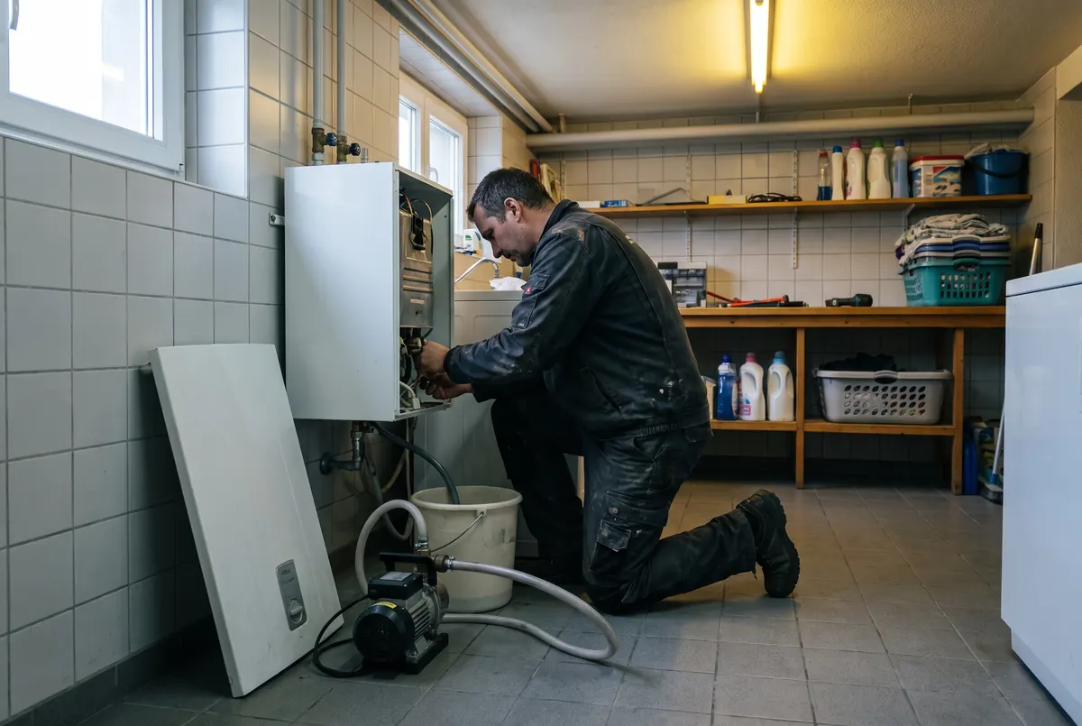 Servicetechniker entkalkt einen Boiler in einer Waschküche