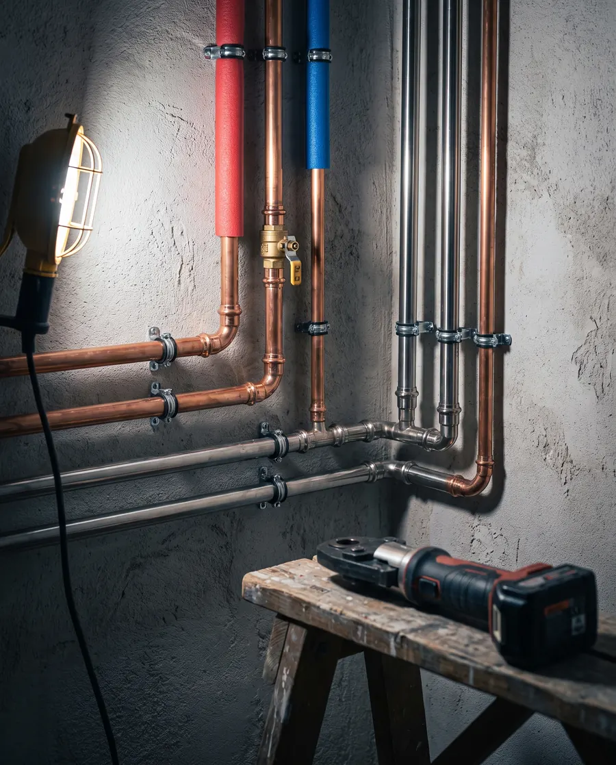 Sauber verlegte Kupfer- und Chromstahlleitungen mit Pressfittings an einer Kellerwand