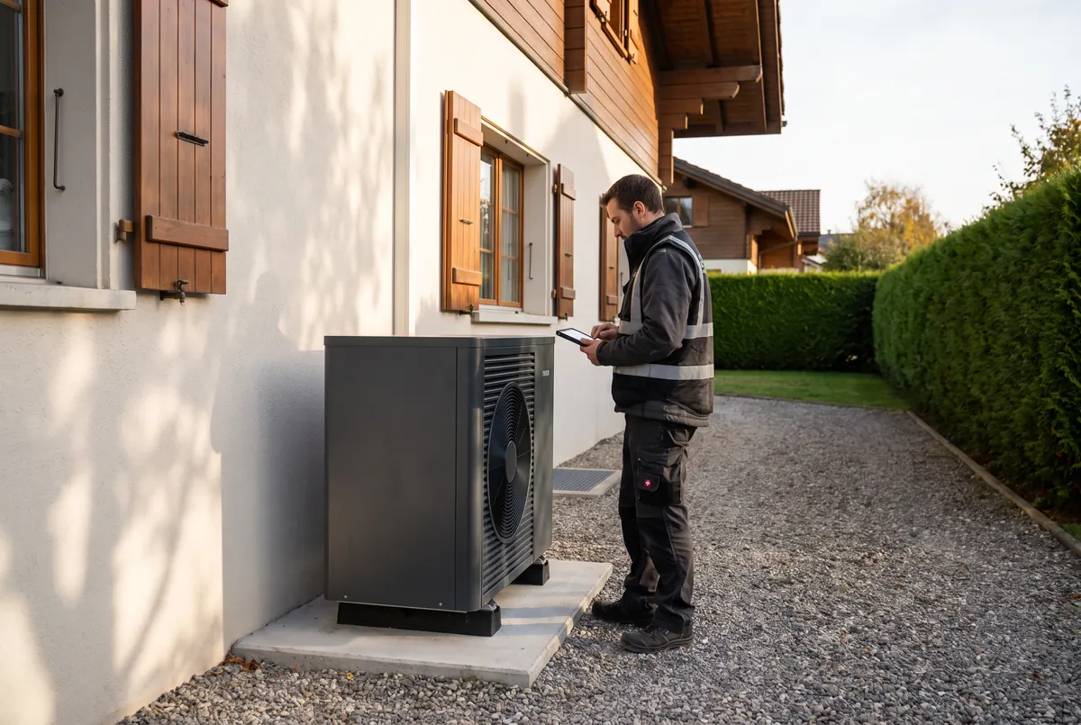 Servicetechniker prüft eine neu installierte Wärmepumpe neben einem Einfamilienhaus